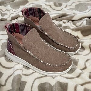Hey Dude Brown Canvas Slip-On Loafers with Patterned Heel
